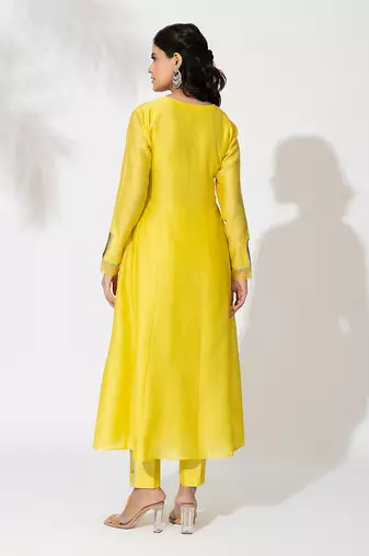 Yellow pure chanderi lace embroidered anarkali set
