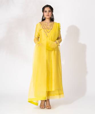 Yellow pure chanderi embroidered kurta set 1