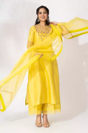 Yellow pure chanderi embroidered kurta set