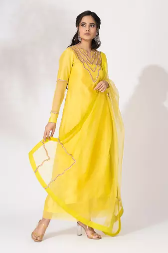 Yellow pure chanderi embroidered kurta set