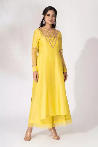 Yellow pure chanderi embroidered kurta set