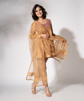 Gold pure chanderi kali short kurta set 1