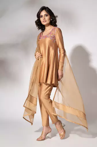 Gold pure chanderi kali short kurta set
