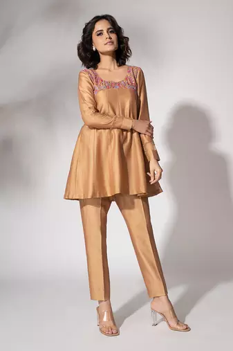 Gold pure chanderi kali short kurta set