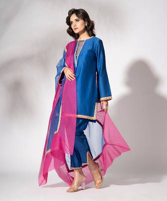 Electric blue pure chanderi lace embroidered kurta set 1