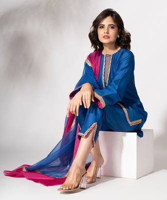 Electric blue pure chanderi lace embroidered kurta set 3