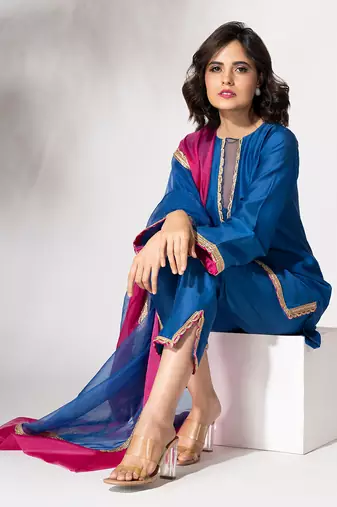 Electric blue pure chanderi lace embroidered kurta set