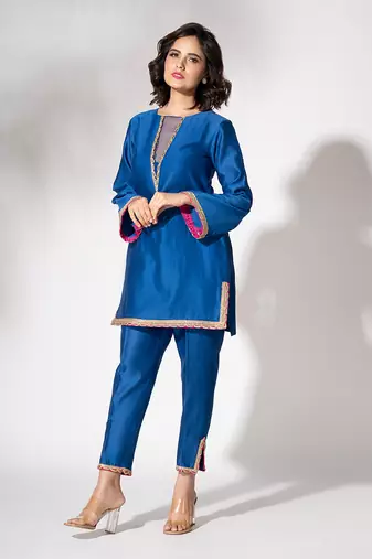 Electric blue pure chanderi lace embroidered kurta set
