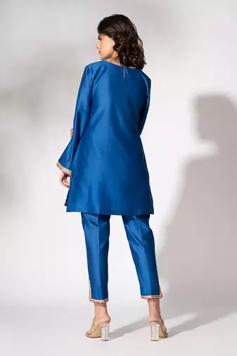 Electric blue pure chanderi lace embroidered kurta set