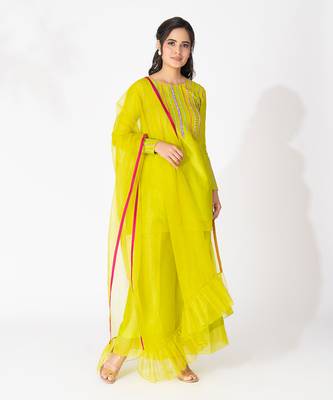 Lime green pure chanderi emboidered kurtaset 1