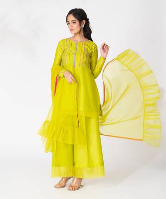 Lime green pure chanderi emboidered kurtaset 2