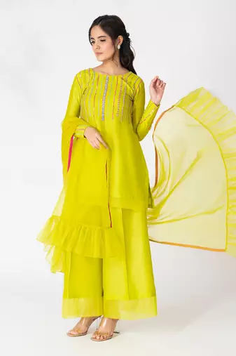 Lime green pure chanderi emboidered kurtaset