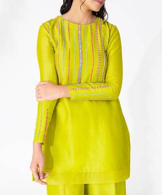 Lime green pure chanderi emboidered kurtaset 5