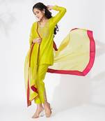 Lime green pure chanderi emboidered short kurta set