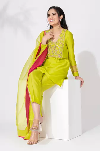 Lime green pure chanderi emboidered short kurta set
