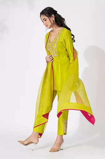 Lime green pure chanderi emboidered short kurta set