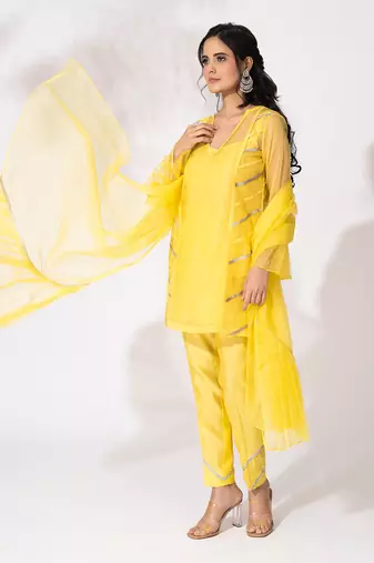 Yellow organza lace embroidered kurta set