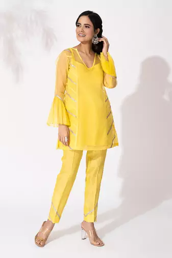 Yellow organza lace embroidered kurta set