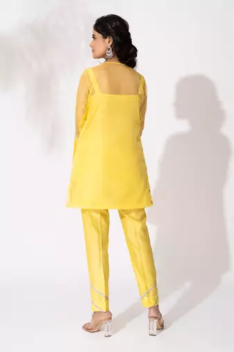 Yellow organza lace embroidered kurta set