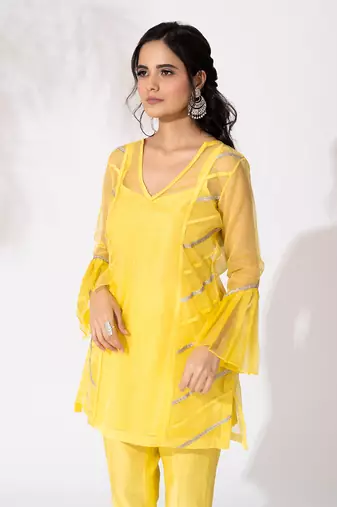Yellow organza lace embroidered kurta set