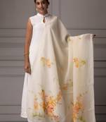 Geroo Jaipur Beige Hand Painted Organza Dupatta With Crochet Lace