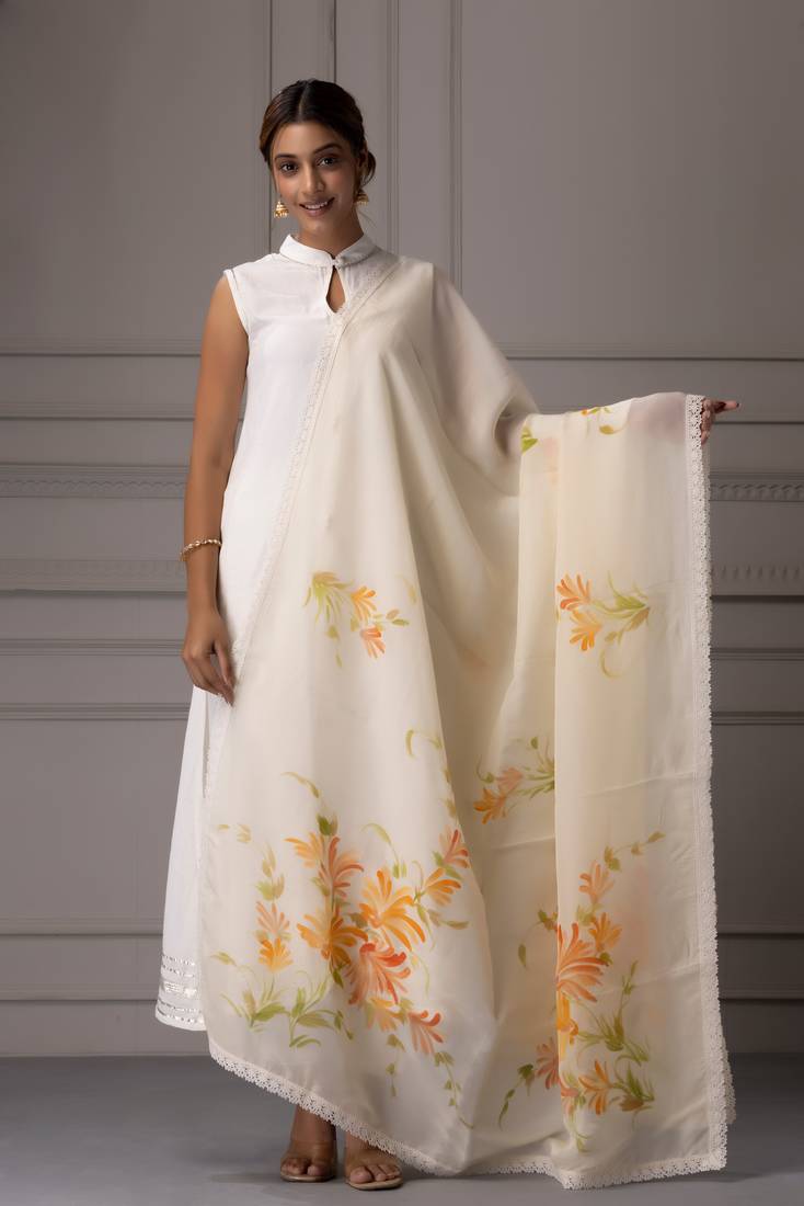 Geroo Jaipur Beige Hand Painted Organza Dupatta With Crochet Lace