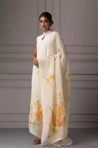   Beige Hand Painted Organza Dupatta With Crochet Lace
