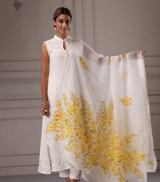   Off White Hand Painted Organza Dupatta With Crochet Lace