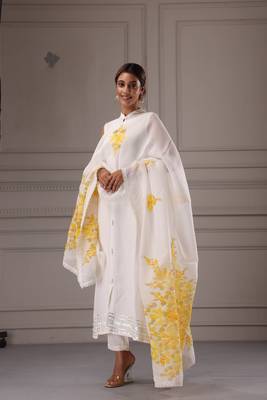   Off White Hand Painted Organza Dupatta With Crochet Lace 2