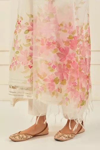   Off white Hand Painted Organza Dupatta With Tassels