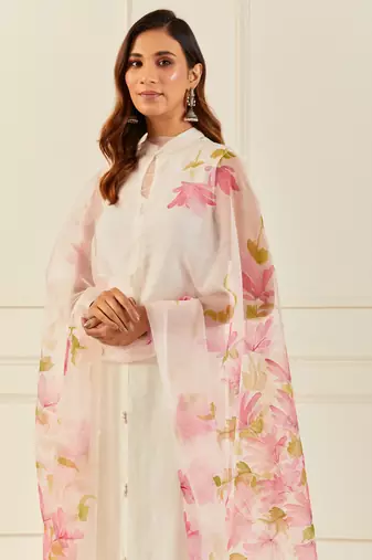   Off white Hand Painted Organza Dupatta With Tassels