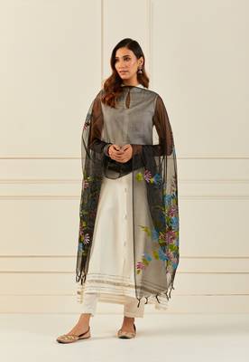   Black Hand Painted Organza Dupatta With Tassels 1