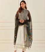 Geroo Jaipur Black Hand-Painted Organza Dupatta With Tassels
