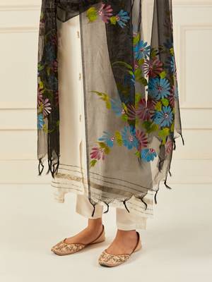   Black Hand Painted Organza Dupatta With Tassels 2
