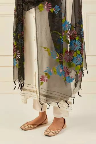   Black Hand Painted Organza Dupatta With Tassels