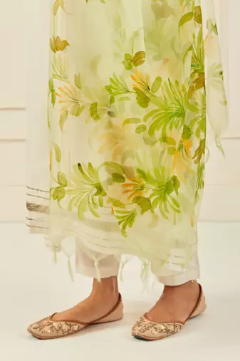   Green Hand Painted Organza Dupatta With Tassels