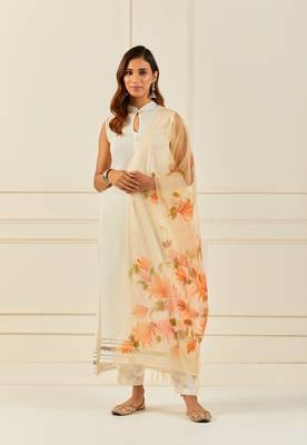   Yellow Hand Painted Organza Dupatta With Tassels 1
