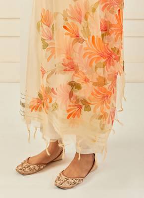   Yellow Hand Painted Organza Dupatta With Tassels 2