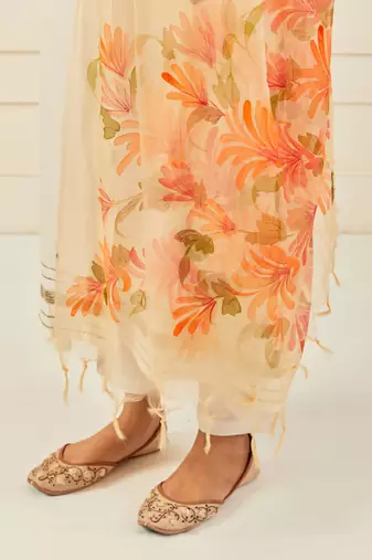   Yellow Hand Painted Organza Dupatta With Tassels
