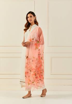   Peach Hand Painted Organza Dupatta With Tassels 1