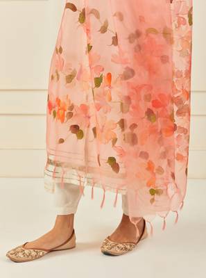  Peach Hand Painted Organza Dupatta With Tassels 2
