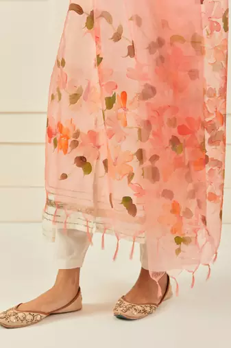  Peach Hand Painted Organza Dupatta With Tassels