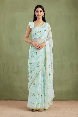   Blue Hand Painted Chiffon Saree 1