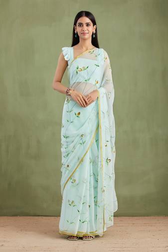Geroo Jaipur Blue Hand Painted Chiffon Saree