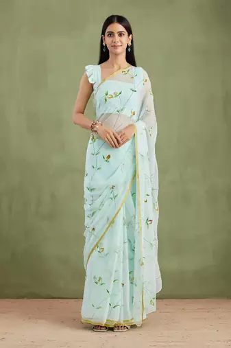 Geroo Jaipur Blue Hand Painted Chiffon Saree