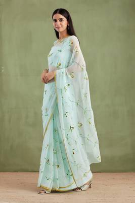   Blue Hand Painted Chiffon Saree 2