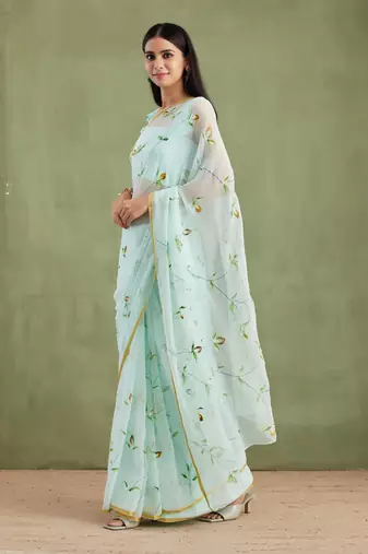   Blue Hand Painted Chiffon Saree