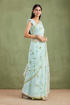   Blue Hand Painted Chiffon Saree 3