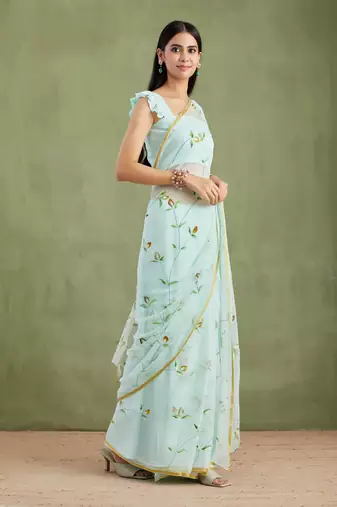   Blue Hand Painted Chiffon Saree