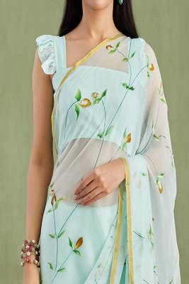   Blue Hand Painted Chiffon Saree 4